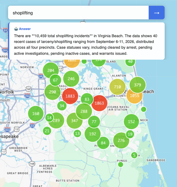 VB Crime Spatial Intelligence — map of Virginia Beach showing clustered shoplifting incident counts with a natural-language search answer